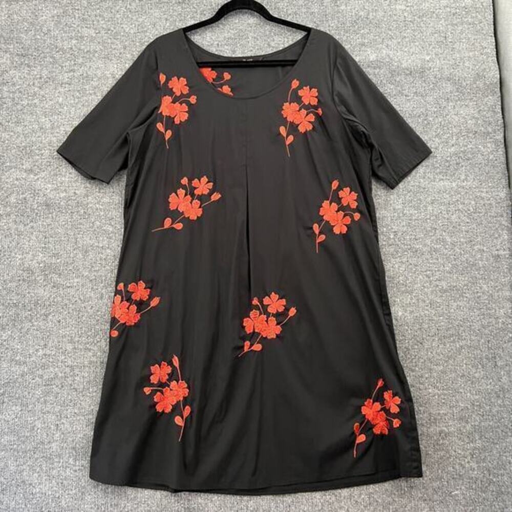 eShakti Dress Womens XL 18 Black Floral Embroidered Shift Pullover Half Sleeve
